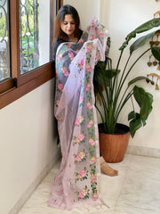 Lavender Organza Dupatta with Cross - Stitch Embroidery - Masakalee