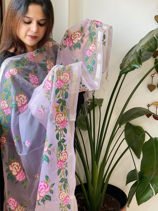 Lavender Organza Dupatta with Cross - Stitch Embroidery - Masakalee