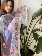Lavender Organza Dupatta with Cross - Stitch Embroidery - Masakalee
