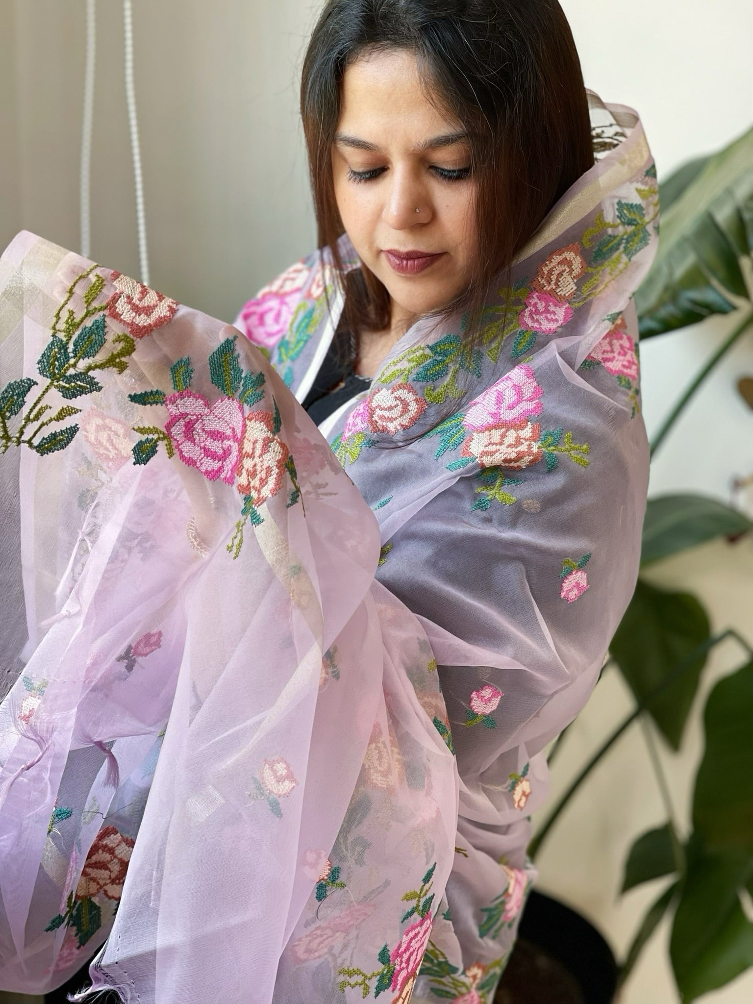 Lavender Organza Dupatta with Cross - Stitch Embroidery - Masakalee