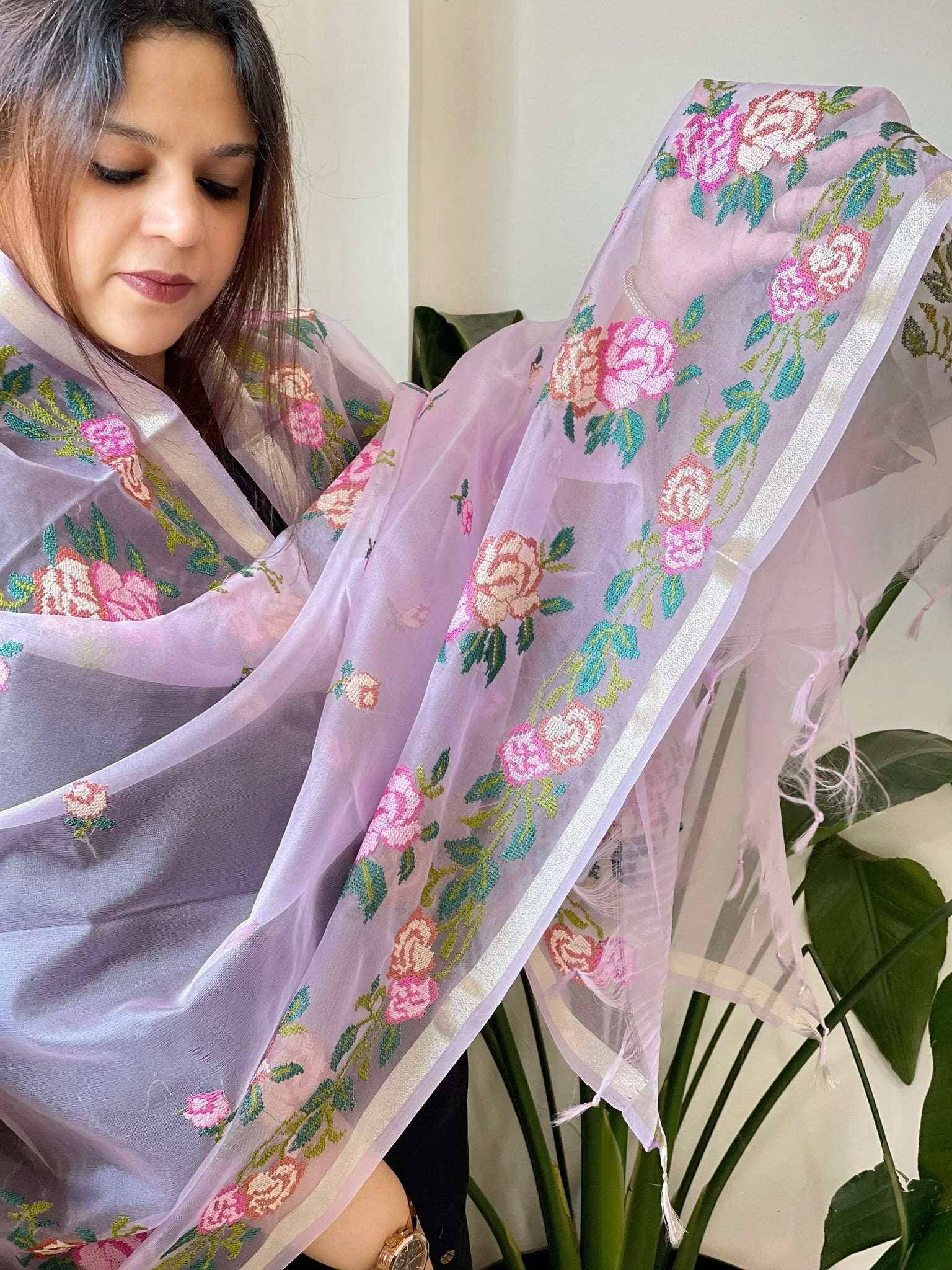 Lavender Organza Dupatta with Cross - Stitch Embroidery - Masakalee