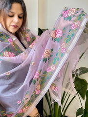 Lavender Organza Dupatta with Cross - Stitch Embroidery - Masakalee