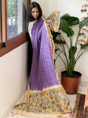 Lavender Rai Bandhej Dupatta with Kantha Handwork in Pure Munga Tussar Silk - Masakalee
