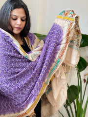 Lavender Rai Bandhej Dupatta with Kantha Handwork in Pure Munga Tussar Silk - Masakalee