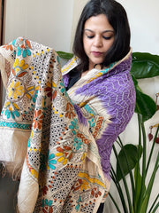 Lavender Rai Bandhej Dupatta with Kantha Handwork in Pure Munga Tussar Silk - Masakalee