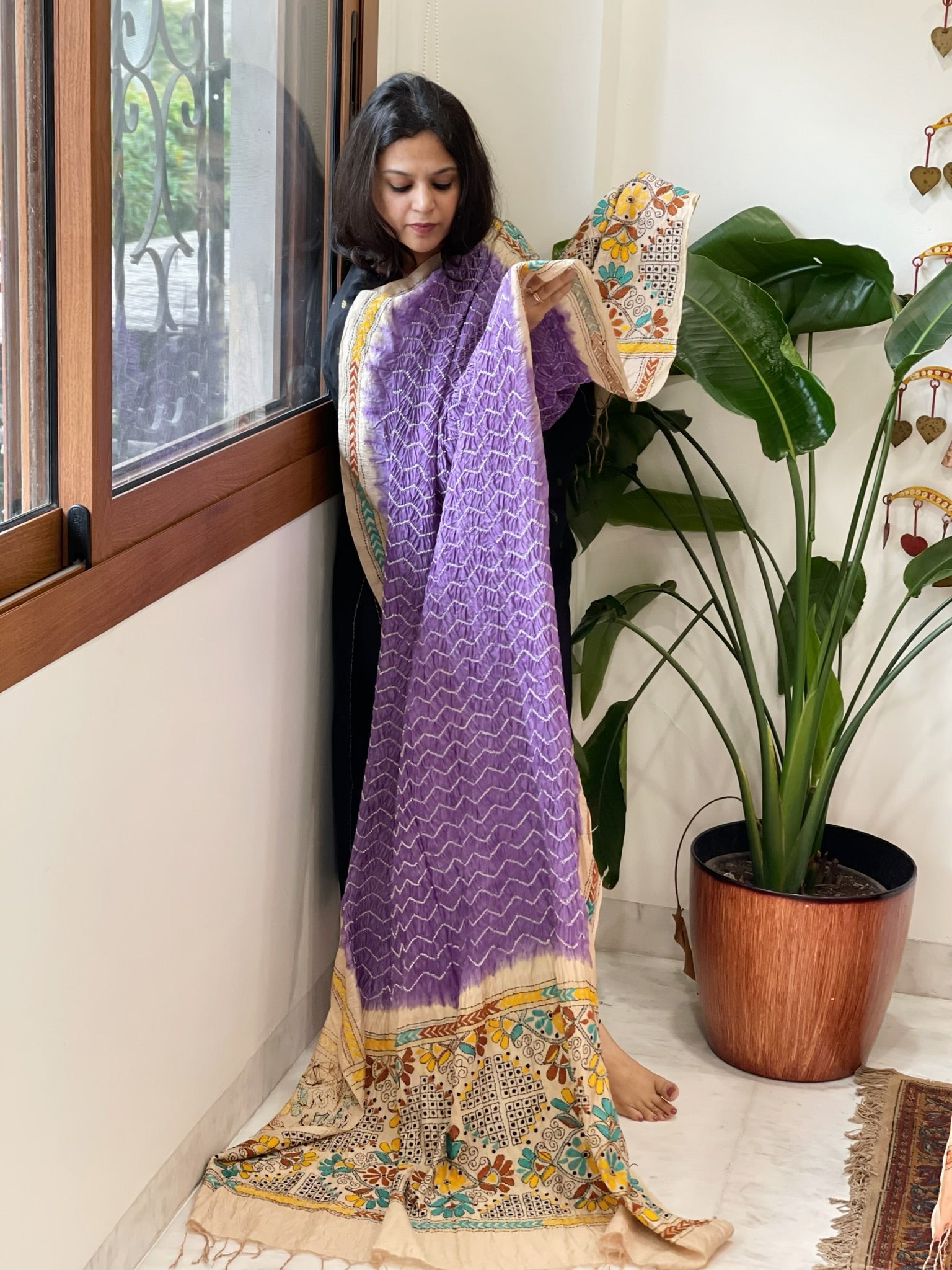 Lavender Rai Bandhej Dupatta with Kantha Handwork in Pure Munga Tussar Silk - Masakalee