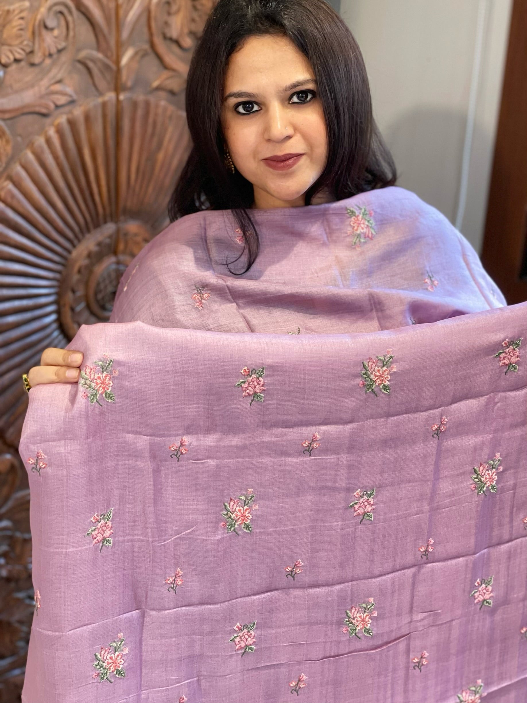 Lavender Suit Set with Cross-Stitch Embroidery in Pure Tussar Silk - Masakalee