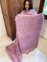 Lavender Suit Set with Cross-Stitch Embroidery in Pure Tussar Silk - Masakalee