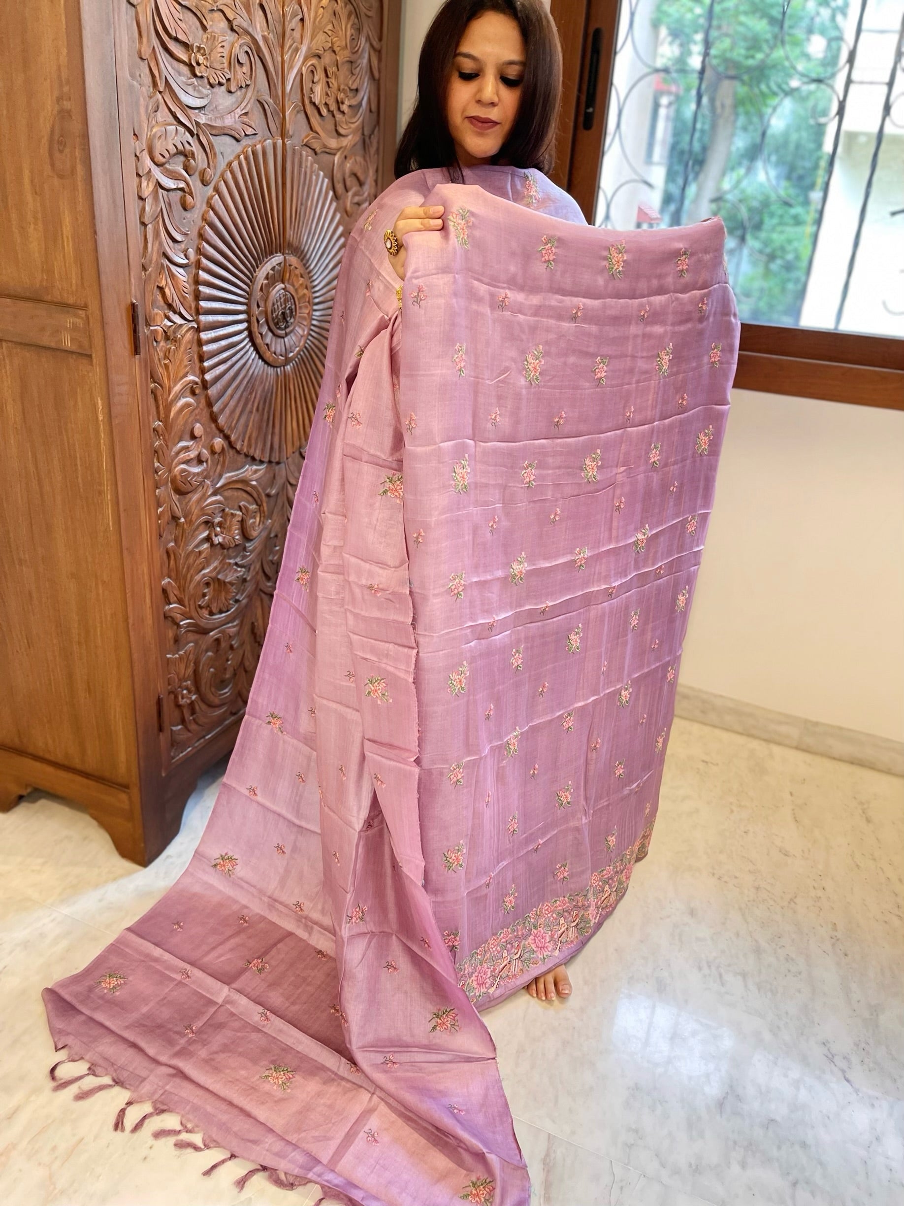Lavender Suit Set with Cross-Stitch Embroidery in Pure Tussar Silk - Masakalee