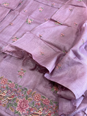 Lavender Suit Set with Cross-Stitch Embroidery in Pure Tussar Silk - Masakalee