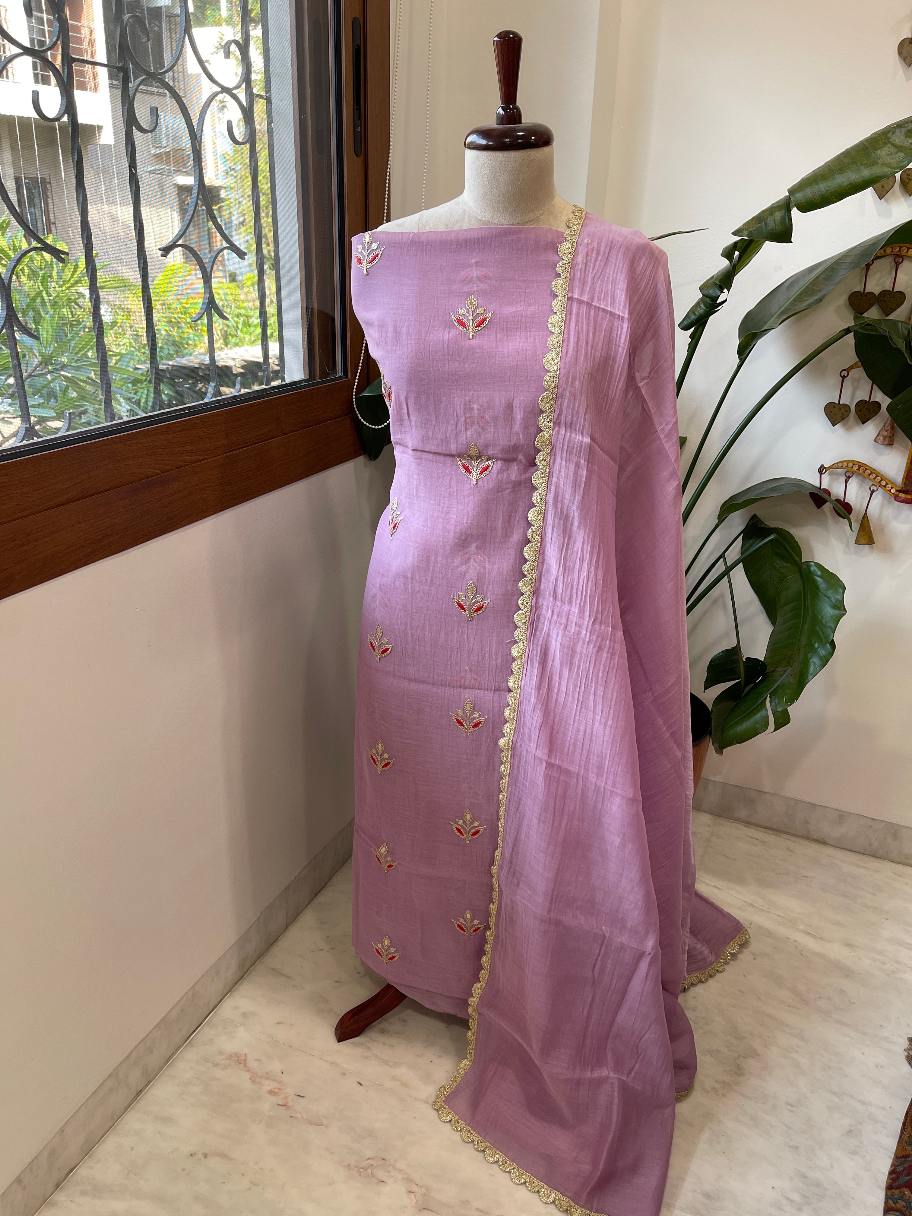 Lavender Suit Set with Gold Thread & Sequin Work in Pure Mul - Masakalee