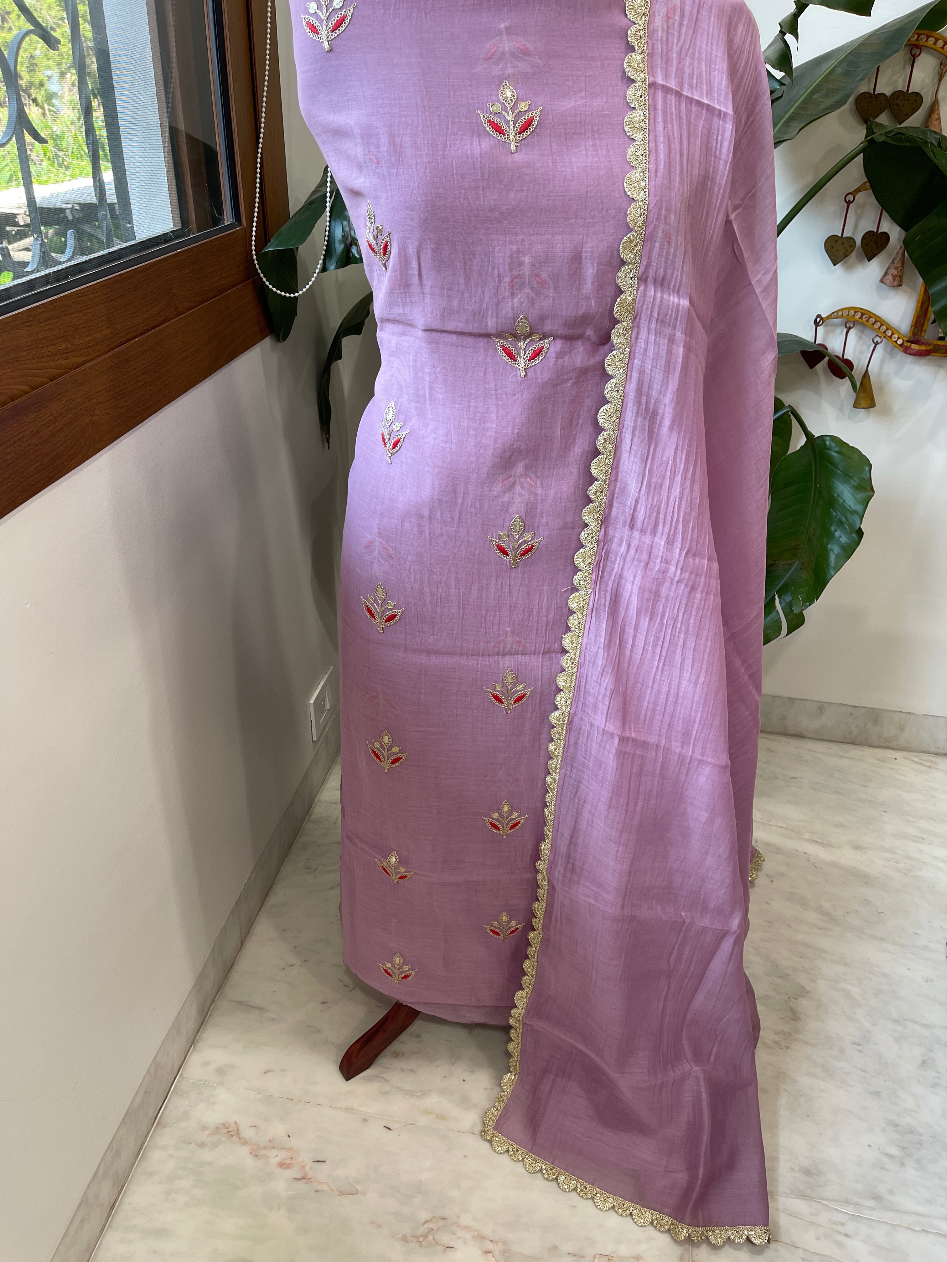 Lavender Suit Set with Gold Thread & Sequin Work in Pure Mul - Masakalee