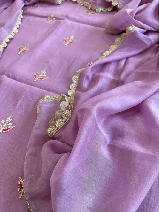 Lavender Suit Set with Gold Thread & Sequin Work in Pure Mul - Masakalee