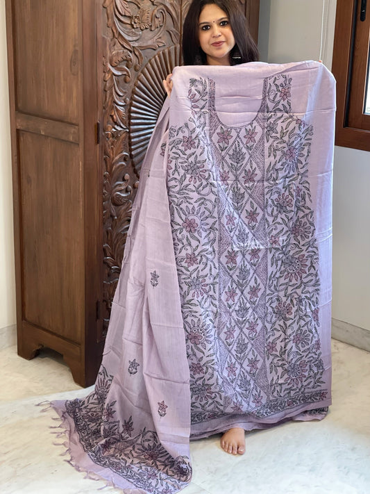 Lavender Suit Set with Kantha Handwork in Pure Tussar Silk - Masakalee