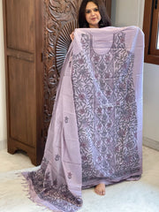 Lavender Suit Set with Kantha Handwork in Pure Tussar Silk - Masakalee