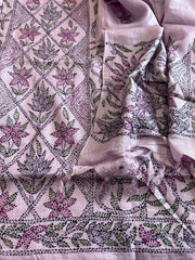 Lavender Suit Set with Kantha Handwork in Pure Tussar Silk - Masakalee