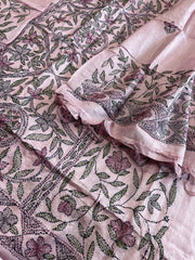 Lavender Suit Set with Kantha Handwork in Pure Tussar Silk - Masakalee