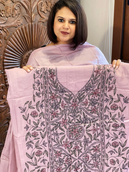 Lavender Suit Set with Kantha Handwork in Pure Tussar Silk - Masakalee