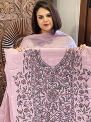 Lavender Suit Set with Kantha Handwork in Pure Tussar Silk - Masakalee