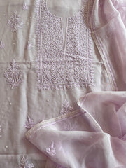 Lavender Suit Set with Lucknowi and Pearl Handwork in Organza Crepe - Masakalee