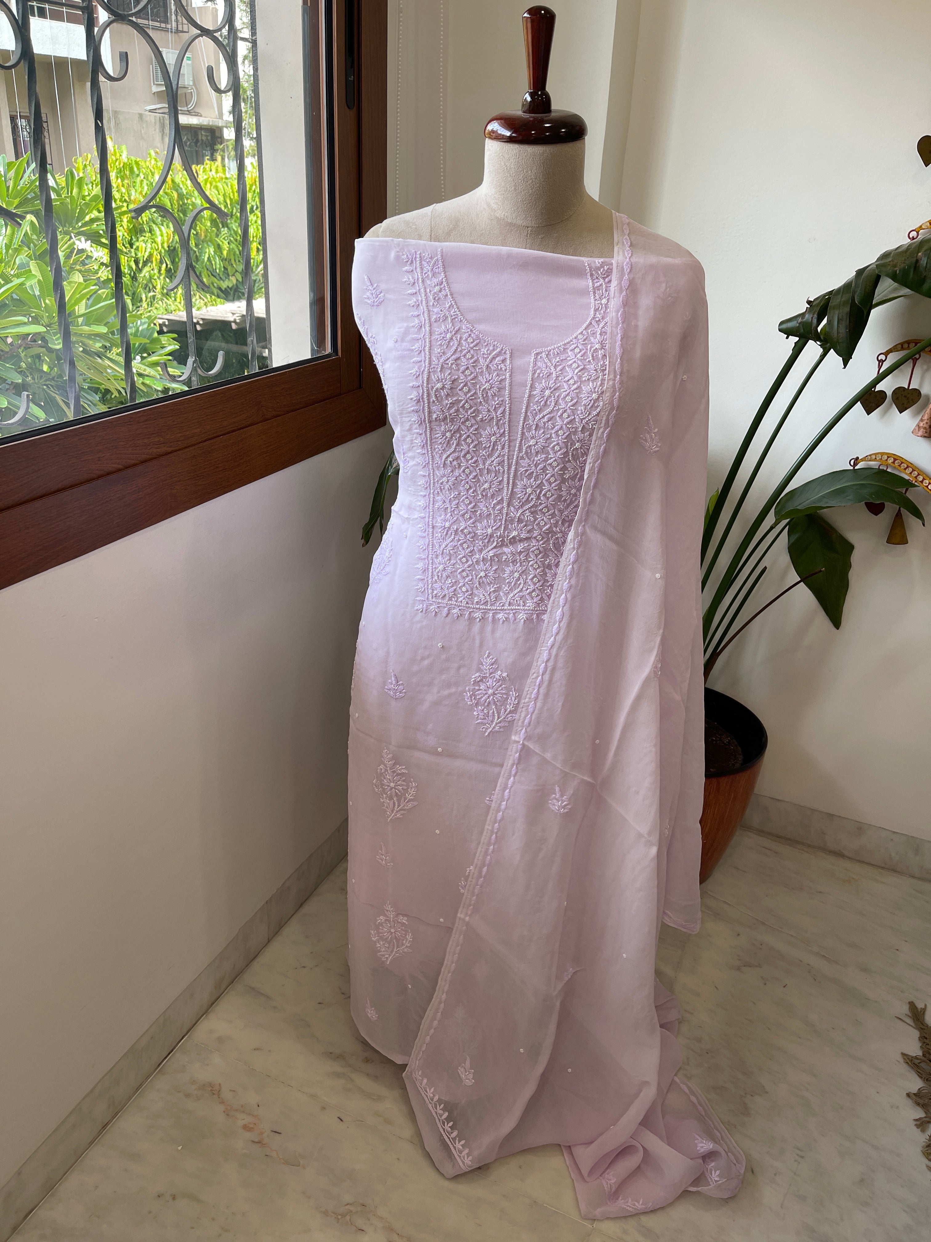 Lavender Suit Set with Lucknowi and Pearl Handwork in Organza Crepe - Masakalee