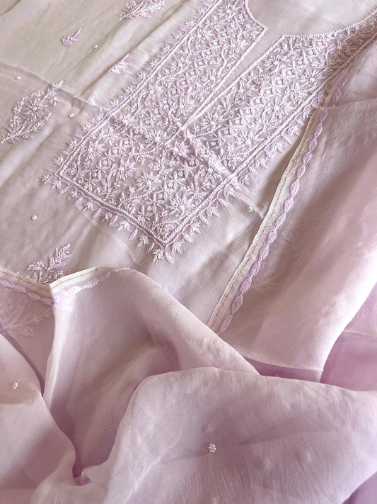 Lavender Suit Set with Lucknowi and Pearl Handwork in Organza Crepe - Masakalee