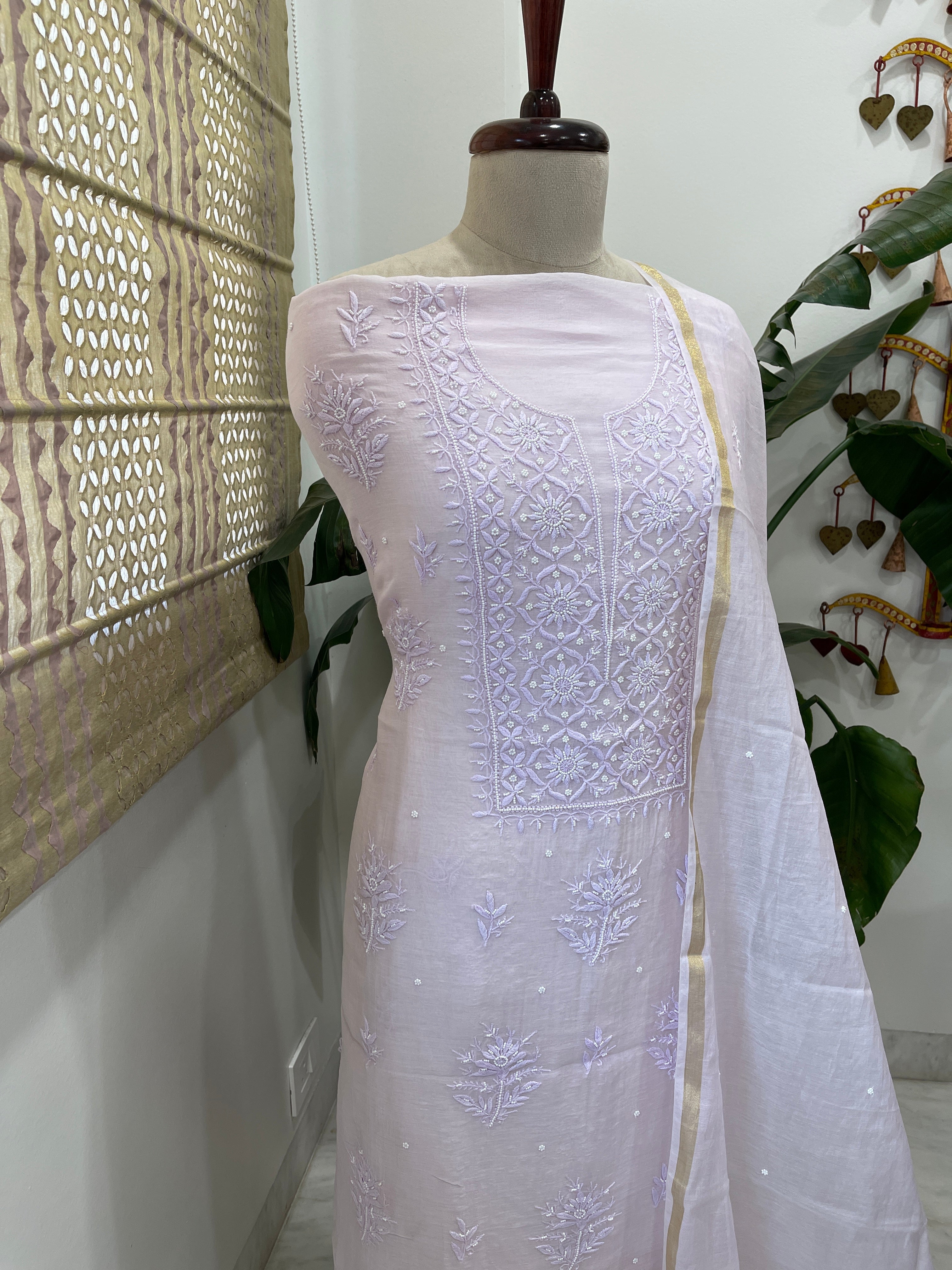 Lavender Suit Set with Lucknowi Handwork in Pure Mul Chanderi - Masakalee