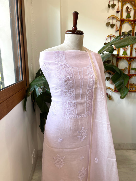 Lavender Suit Set with Lucknowi Handwork in Pure Mul Chanderi - Masakalee