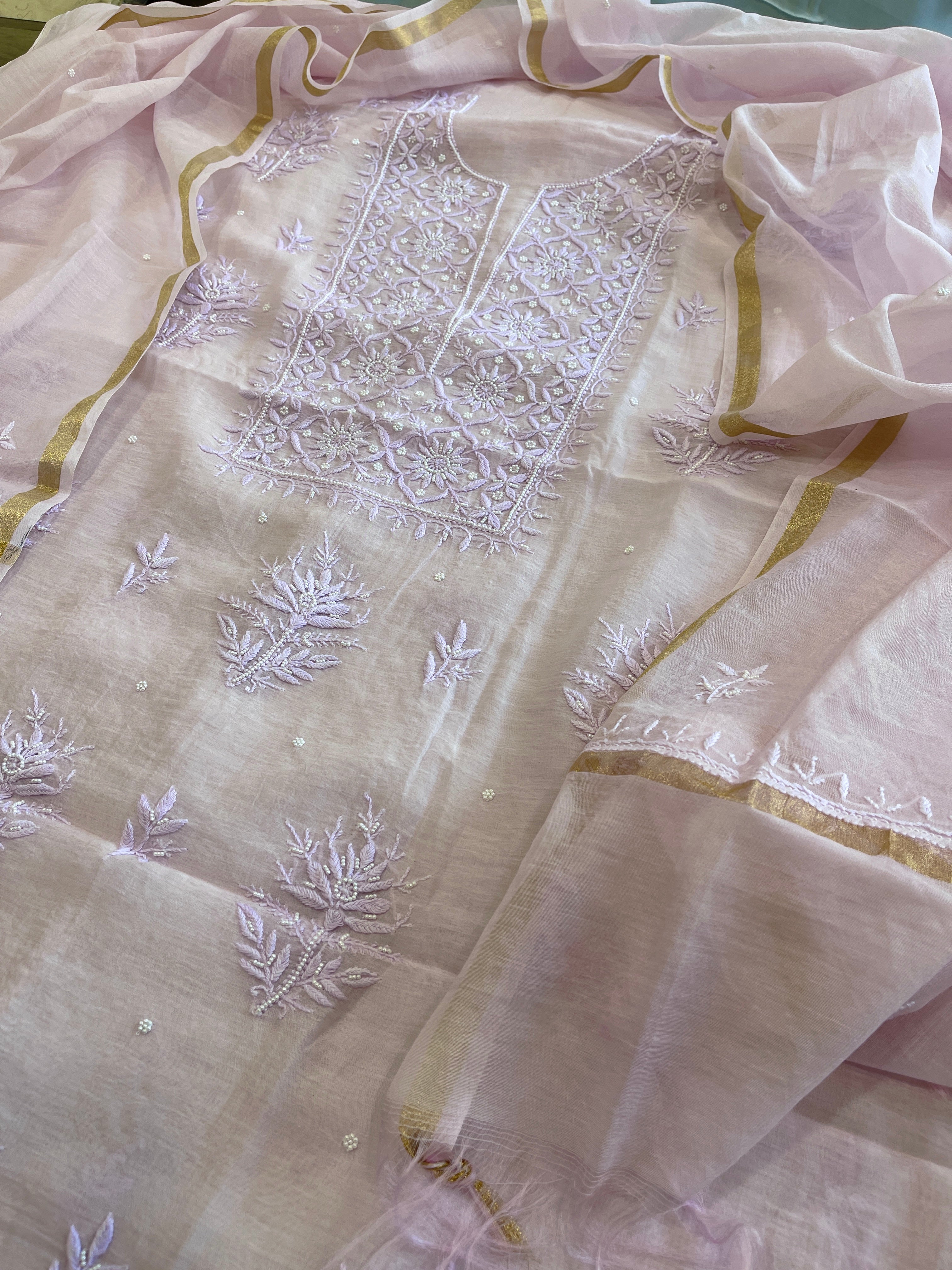 Lavender Suit Set with Lucknowi Handwork in Pure Mul Chanderi - Masakalee