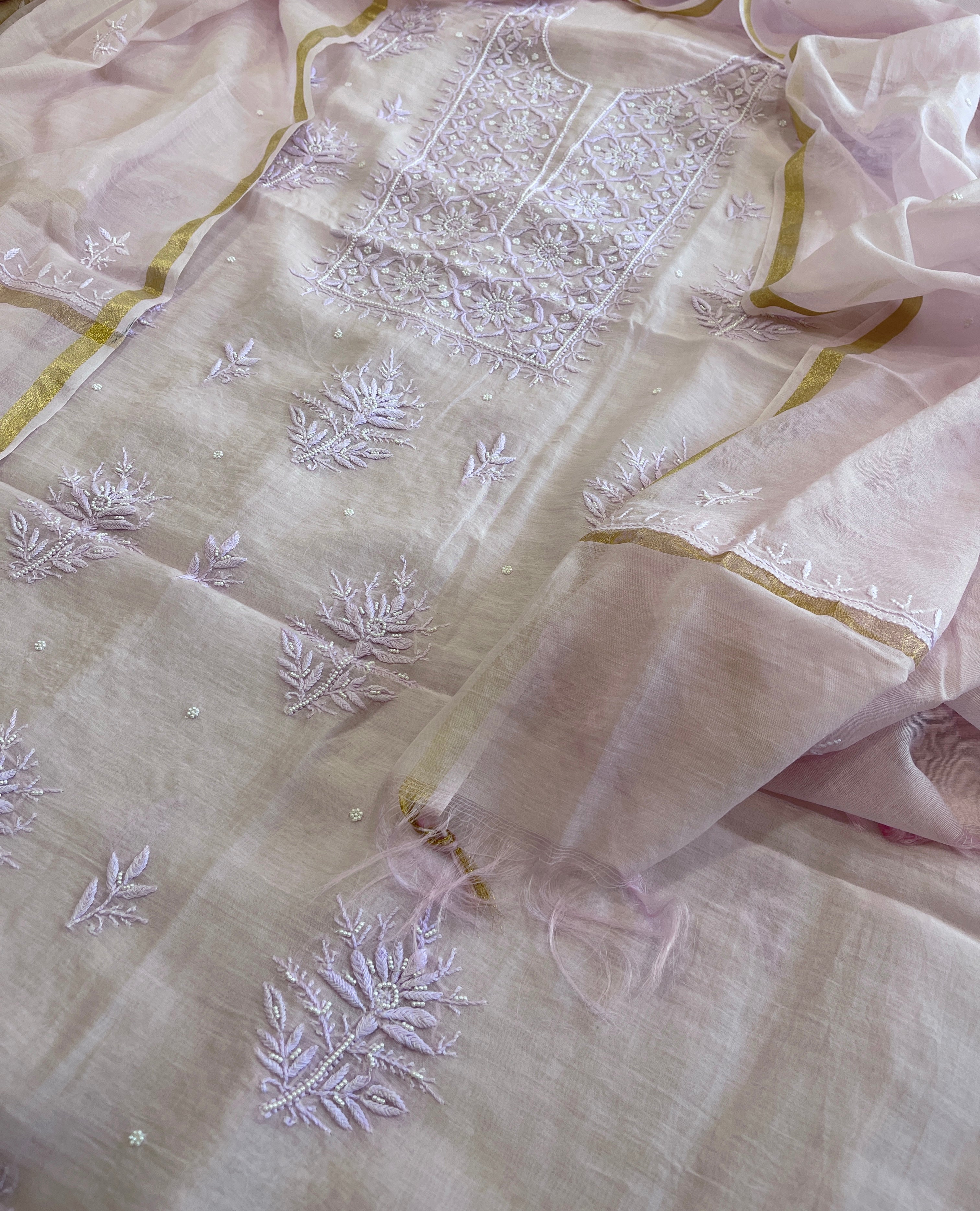 Lavender Suit Set with Lucknowi Handwork in Pure Mul Chanderi - Masakalee