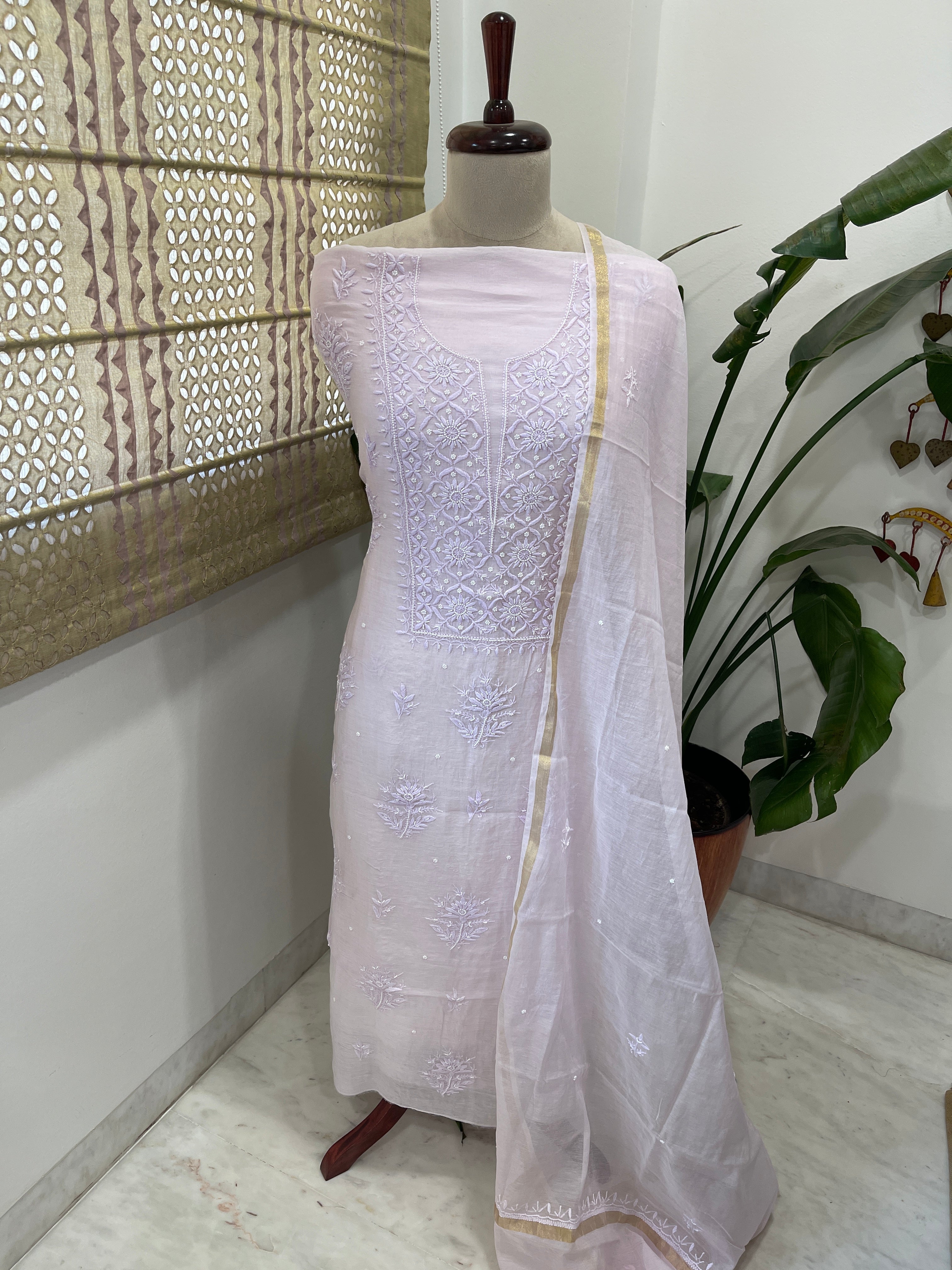 Lavender Suit Set with Lucknowi Handwork in Pure Mul Chanderi - Masakalee