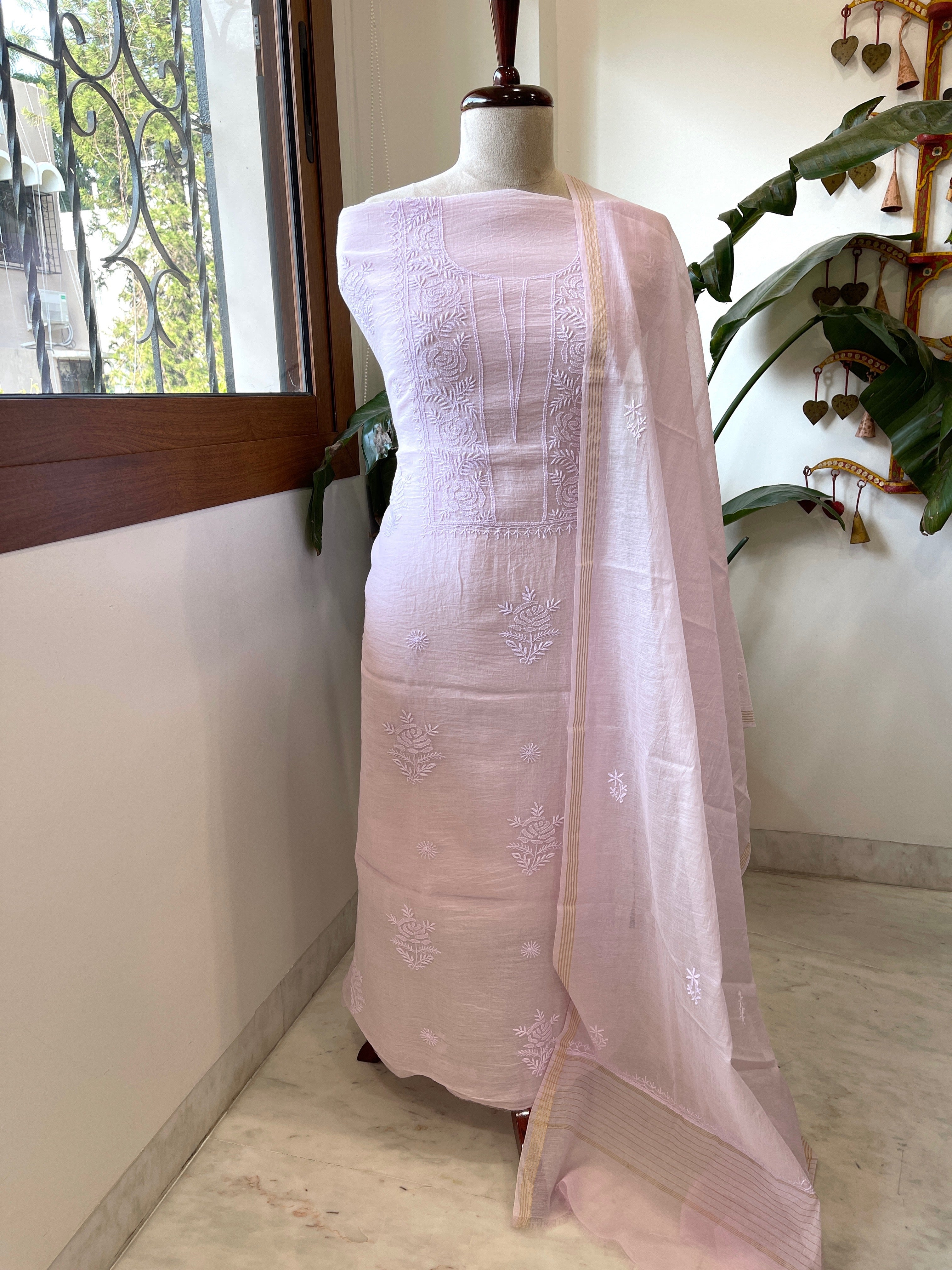 Lavender Suit Set with Lucknowi Handwork in Pure Mul Chanderi - Masakalee
