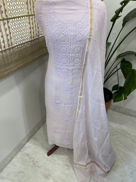 Lavender Suit Set with Lucknowi Handwork in Pure Mul Chanderi - Masakalee