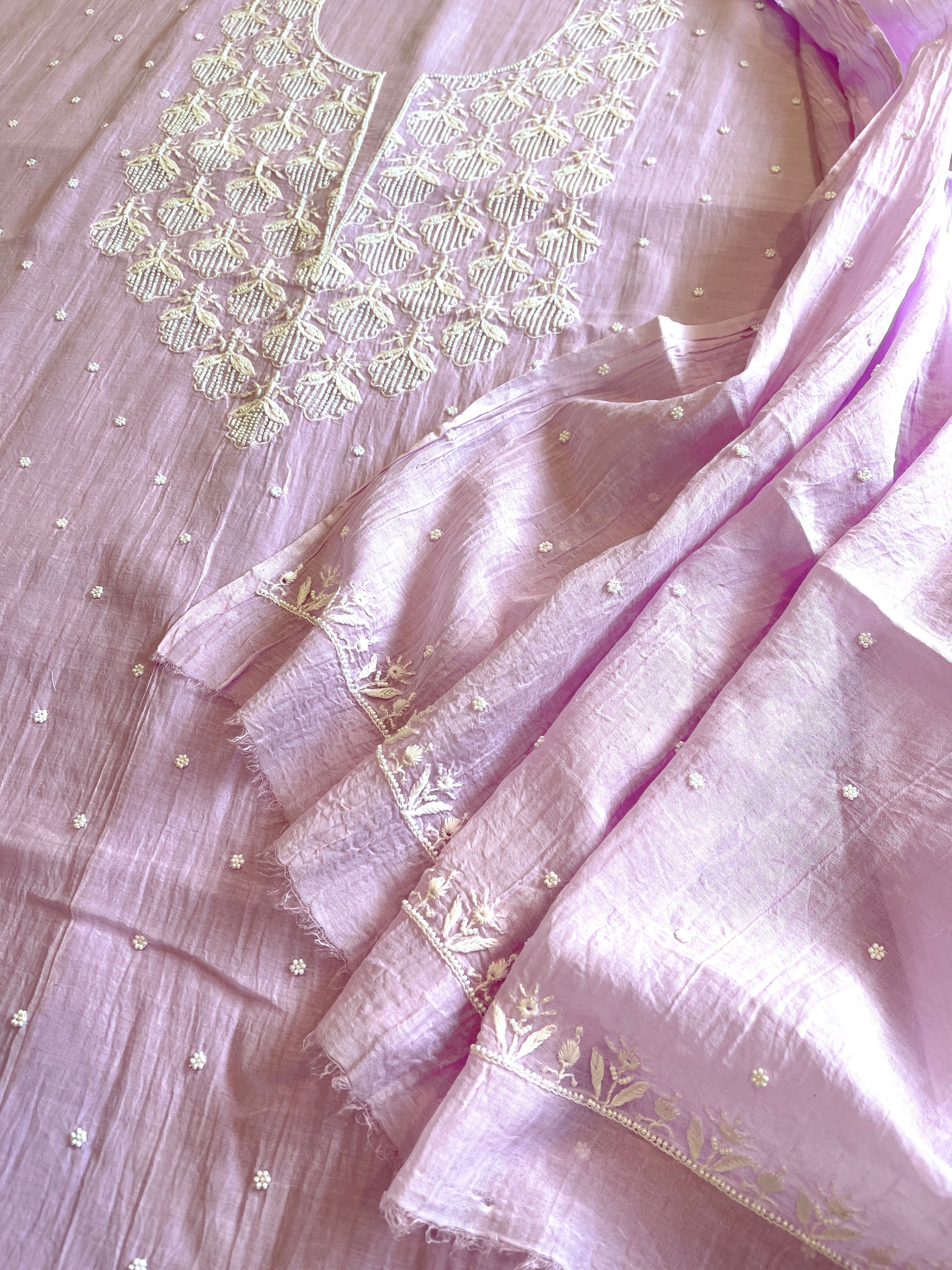 Lavender Suit Set with Lucknowi & Pearl Handwork in Pure Mul Chanderi - Masakalee
