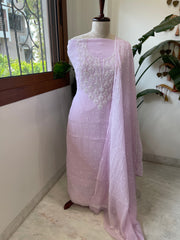 Lavender Suit Set with Lucknowi & Pearl Handwork in Pure Mul Chanderi - Masakalee