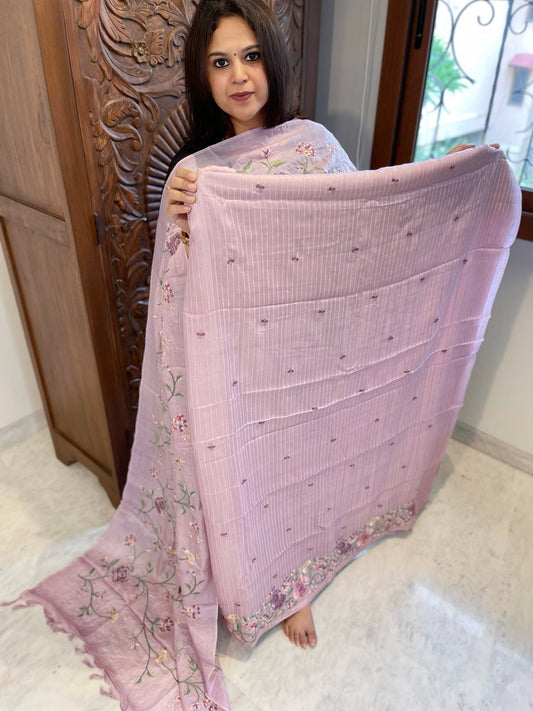 Lavender Suit Set with Parsi Gara Embroidery in Pure Tussar Silk - Masakalee