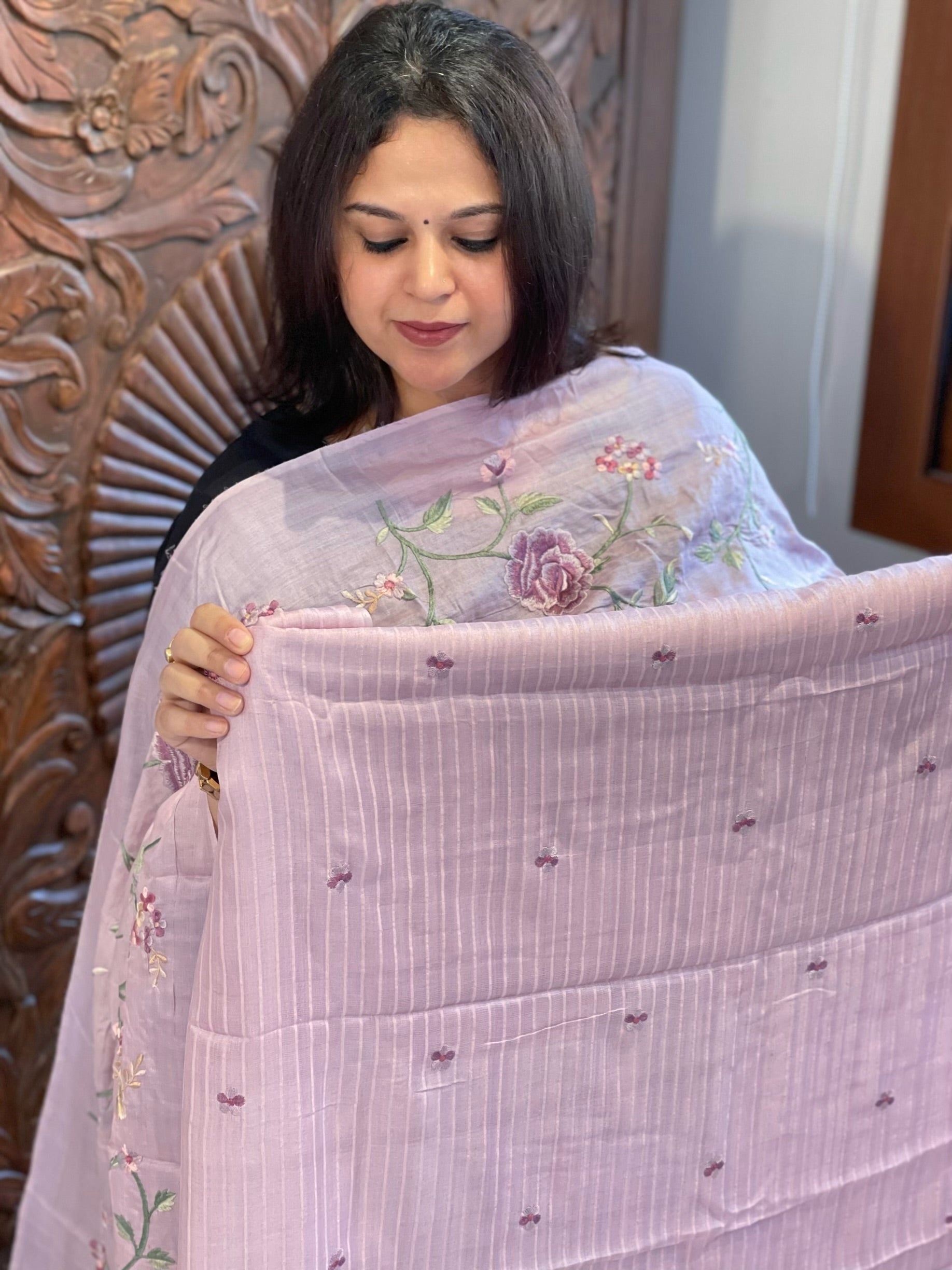 Lavender Suit Set with Parsi Gara Embroidery in Pure Tussar Silk - Masakalee