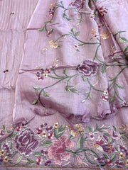 Lavender Suit Set with Parsi Gara Embroidery in Pure Tussar Silk - Masakalee
