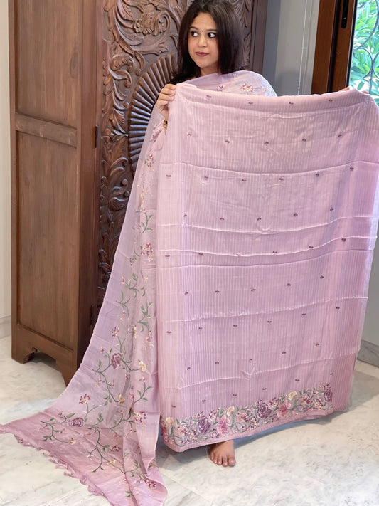Lavender Suit Set with Parsi Gara Embroidery in Pure Tussar Silk - Masakalee