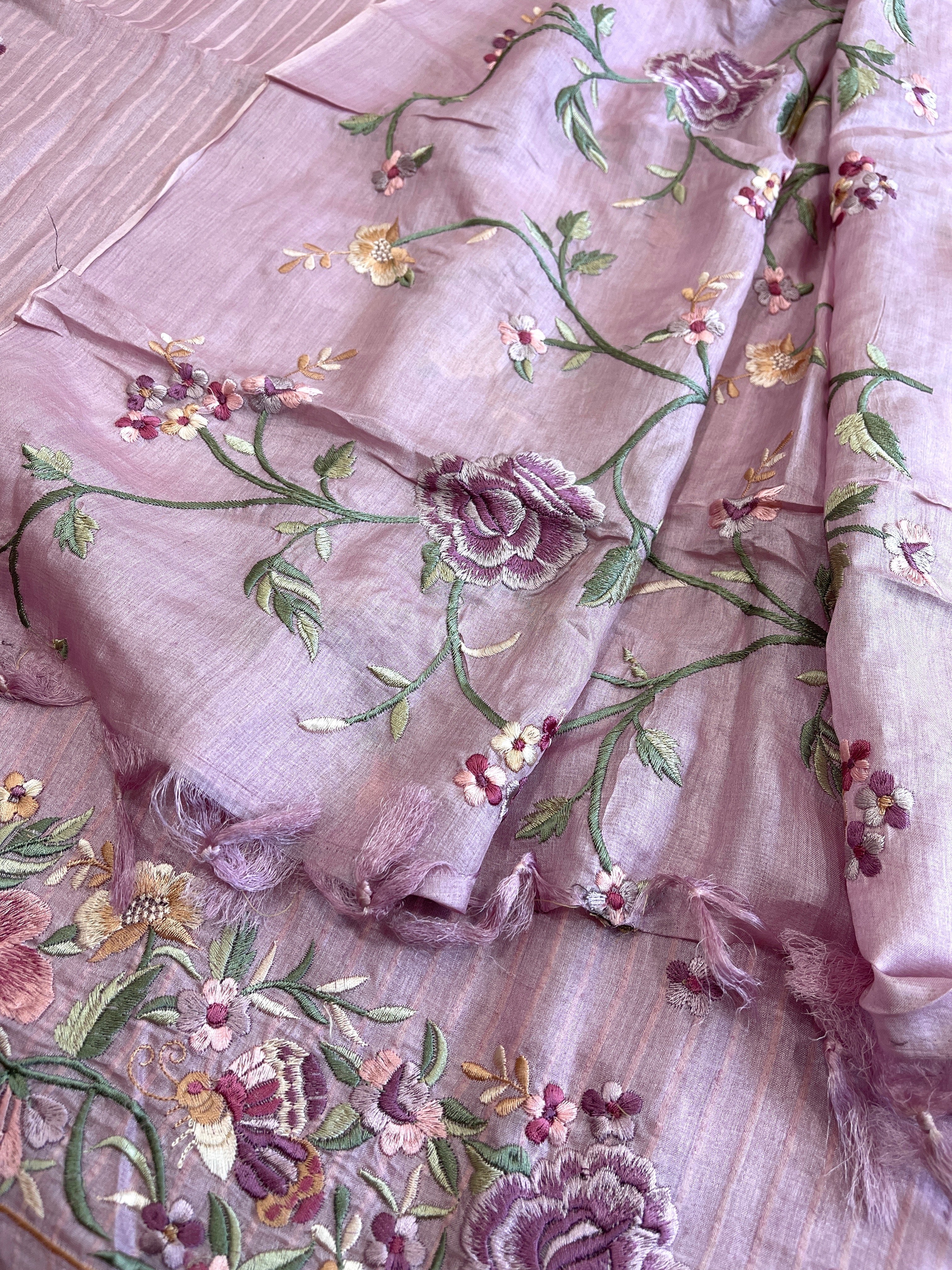 Lavender Suit Set with Parsi Gara Embroidery in Pure Tussar Silk - Masakalee