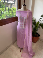 Lavender Suit Set with Pearl, Cut Daana and Thread Handwork in Pure Mul Chanderi - Masakalee