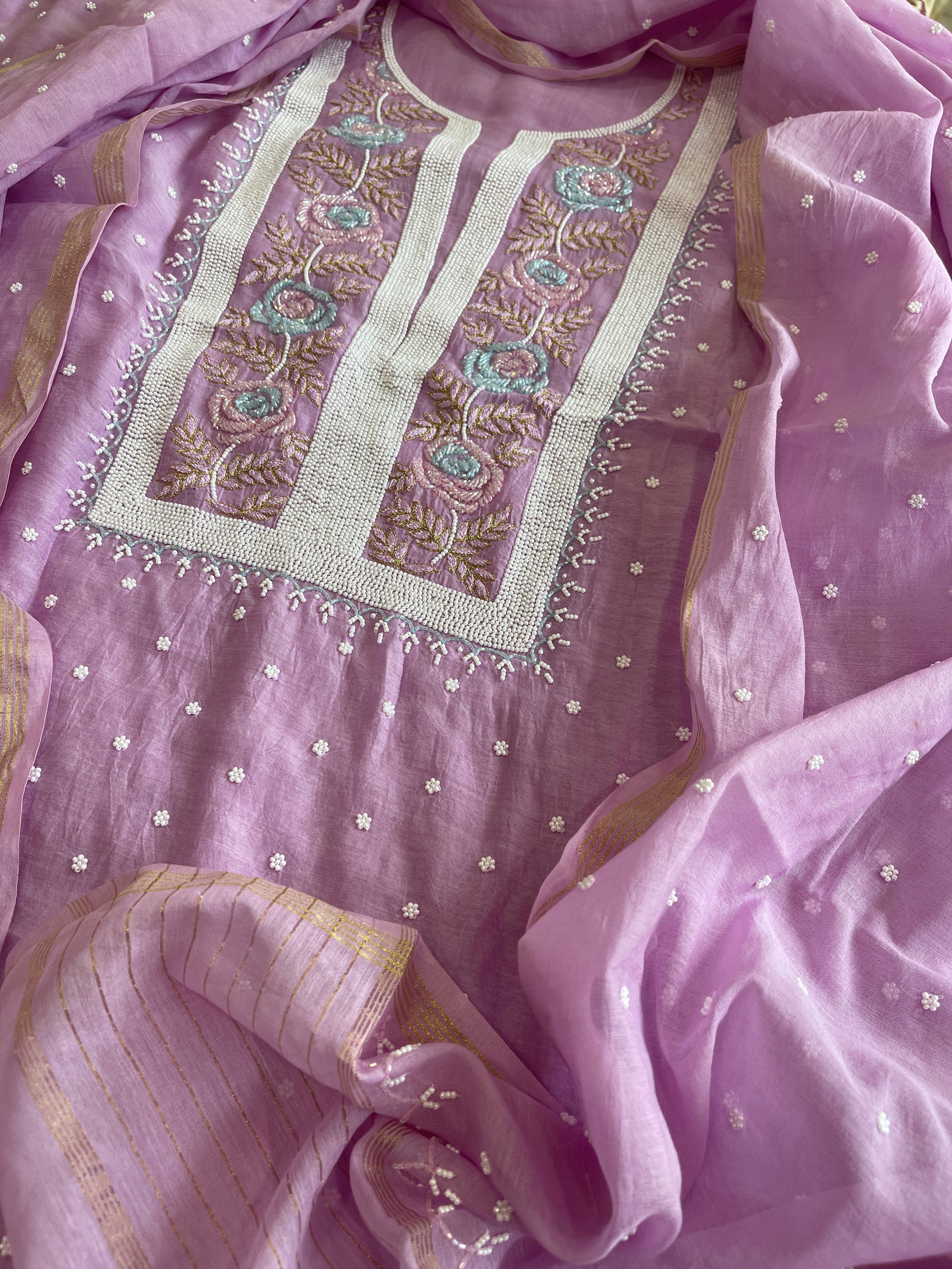 Lavender Suit Set with Pearl, Cut Daana and Thread Handwork in Pure Mul Chanderi - Masakalee