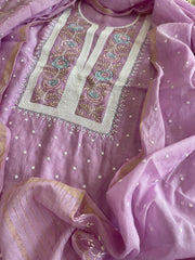Lavender Suit Set with Pearl, Cut Daana and Thread Handwork in Pure Mul Chanderi - Masakalee