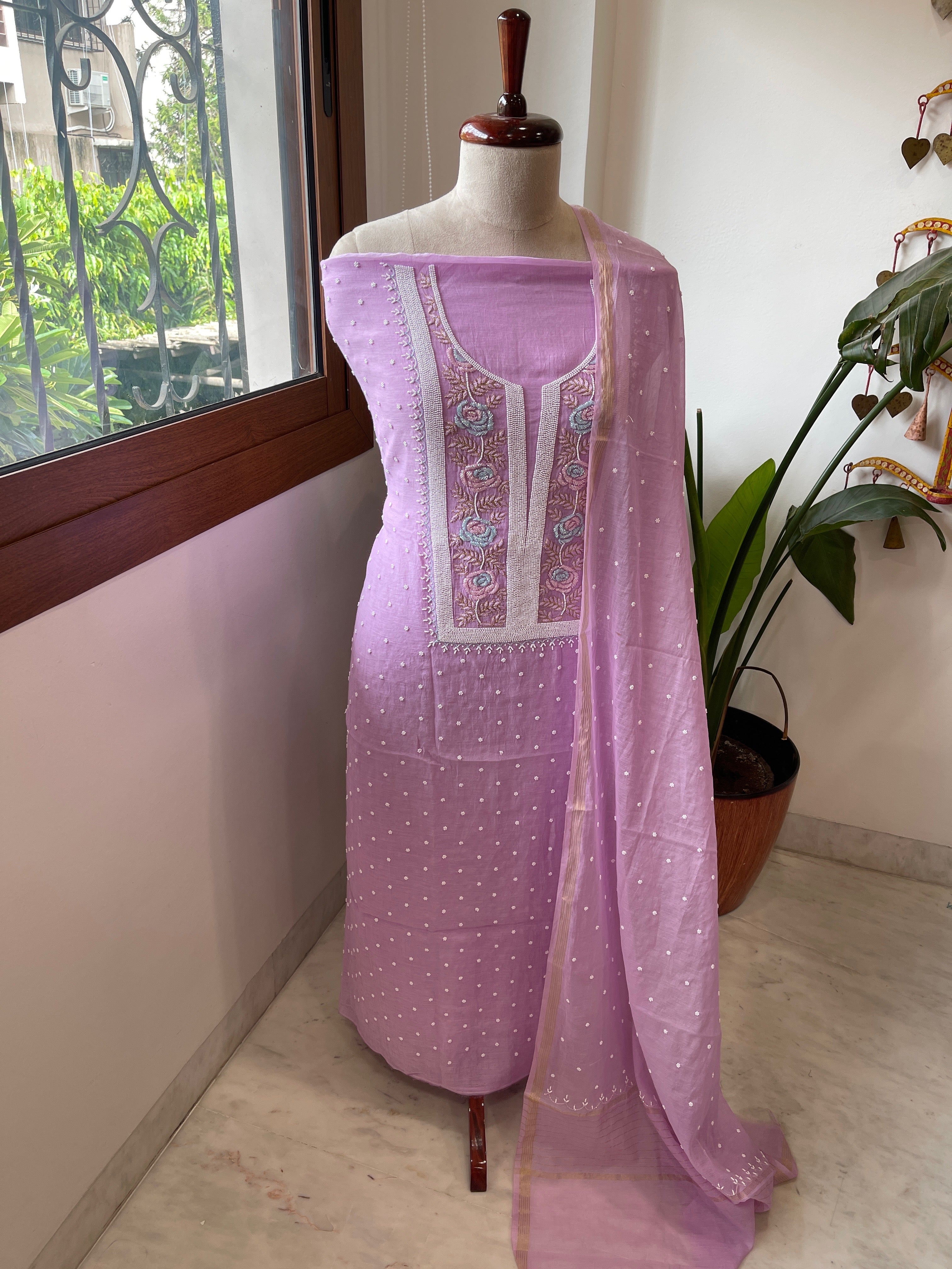 Lavender Suit Set with Pearl, Cut Daana and Thread Handwork in Pure Mul Chanderi - Masakalee
