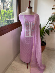 Lavender Suit Set with Pearl, Cut Daana and Thread Handwork in Pure Mul Chanderi - Masakalee
