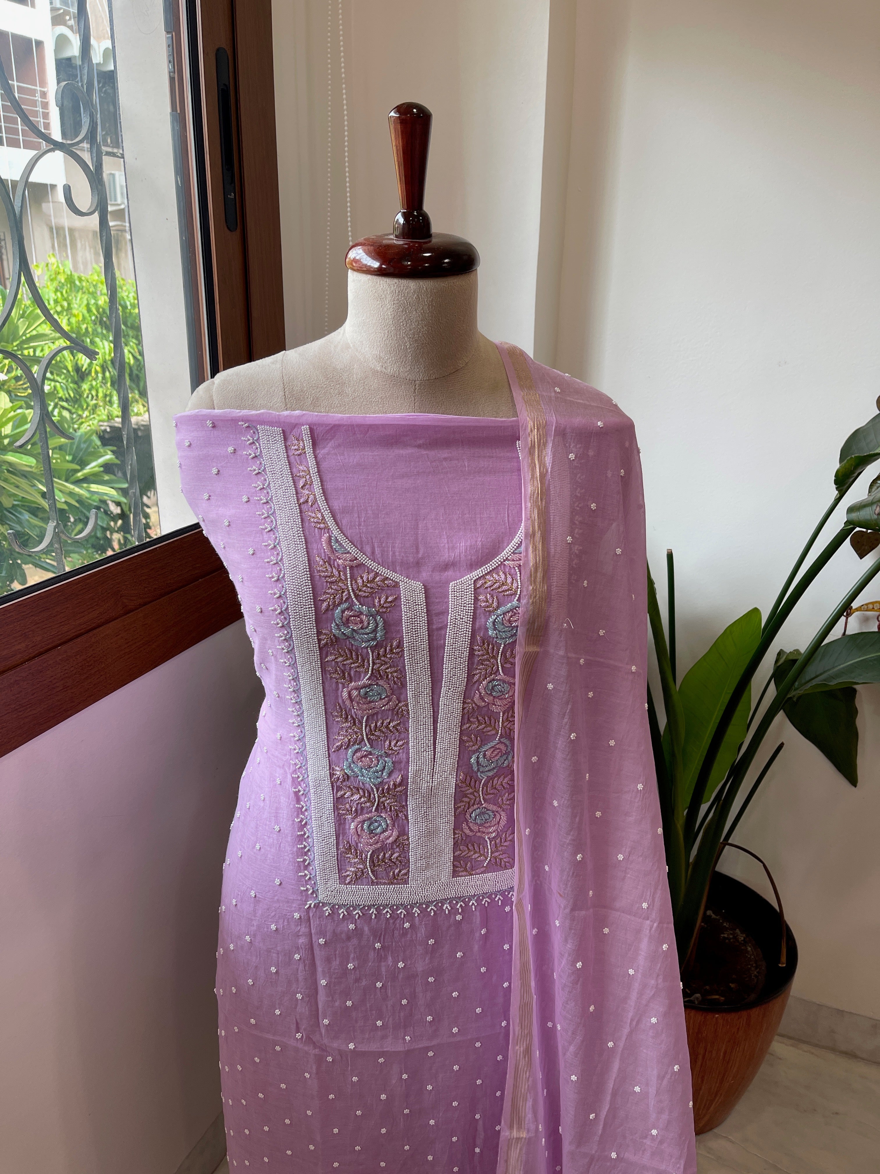 Lavender Suit Set with Pearl, Cut Daana and Thread Handwork in Pure Mul Chanderi - Masakalee