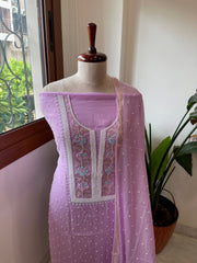 Lavender Suit Set with Pearl, Cut Daana and Thread Handwork in Pure Mul Chanderi - Masakalee