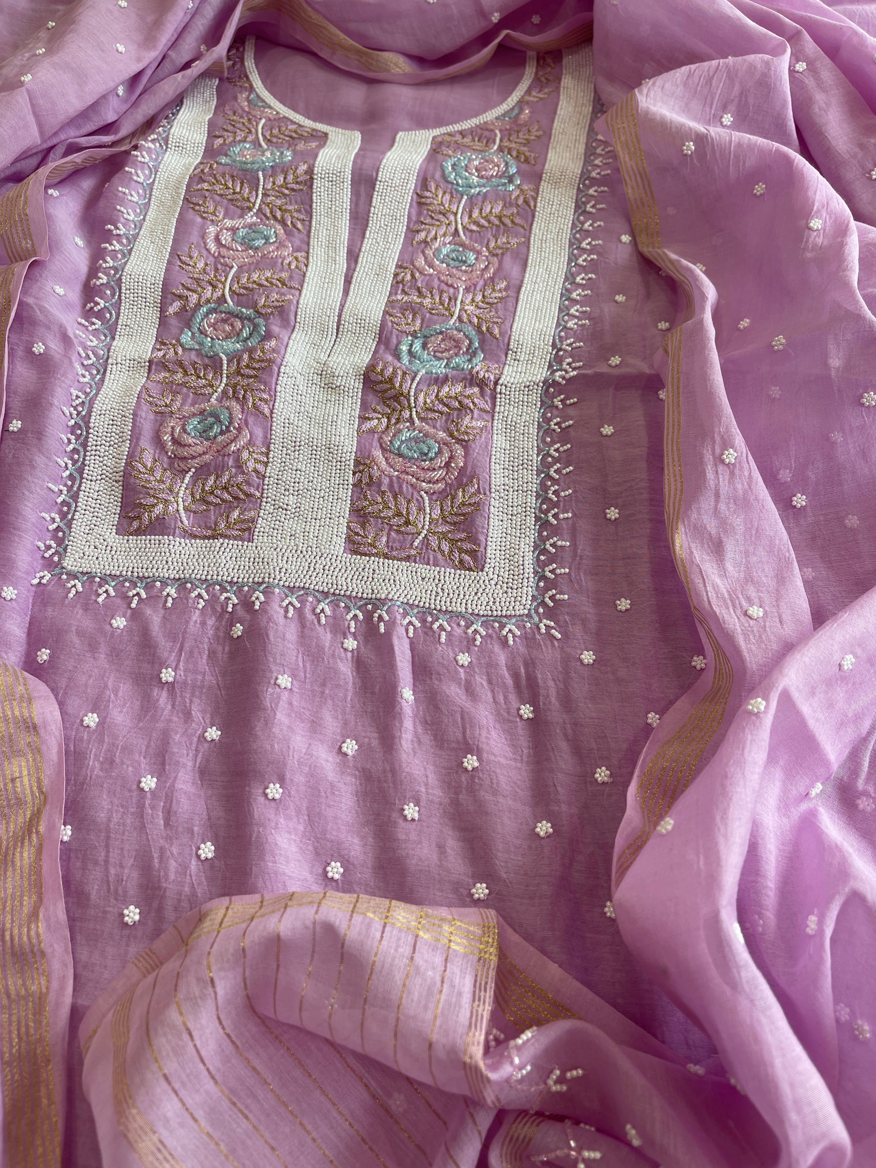 Lavender Suit Set with Pearl, Cut Daana and Thread Handwork in Pure Mul Chanderi - Masakalee