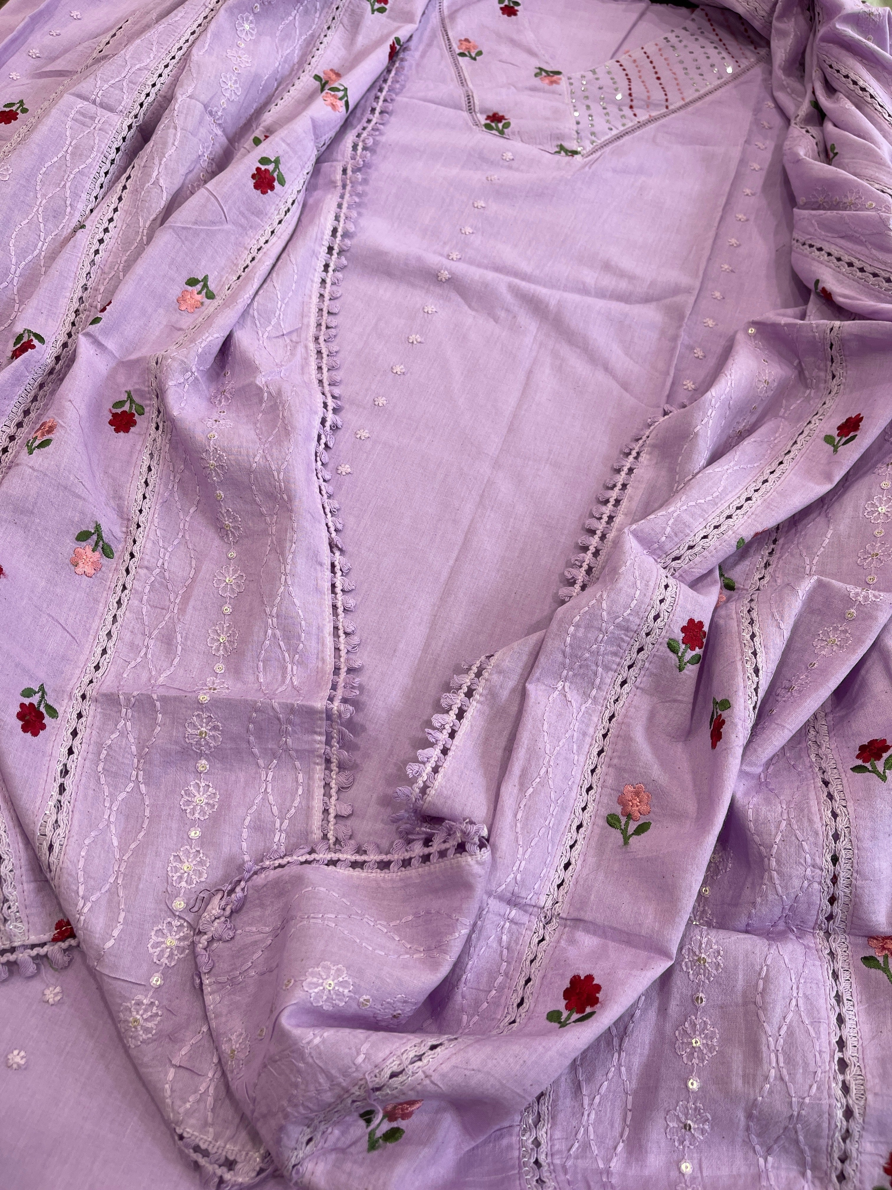 Lavender Suit Set with Thread and Sequin Embroidery in Pure Cotton - Masakalee