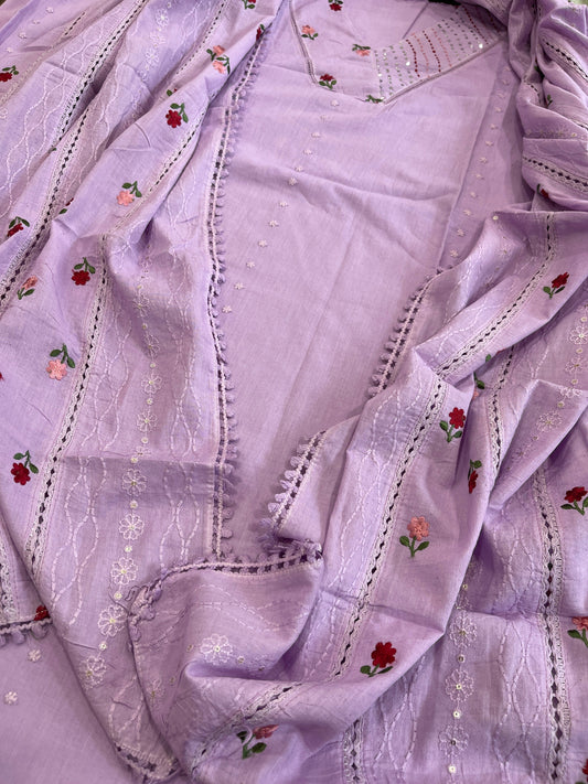 Lavender Suit Set with Thread and Sequin Embroidery in Pure Cotton - Masakalee